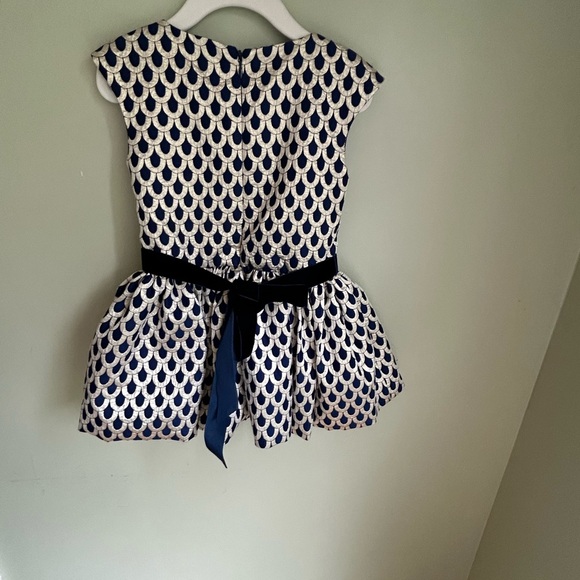 Halabaloo navy/gold holiday dress. Cap sleeve, full skirt, navy velvet tie. 2T - Picture 3 of 15
